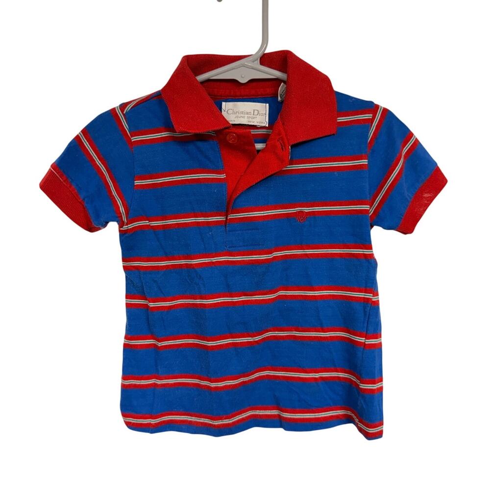 VTG Christian Dior Boy's Cotton Striped Polo Shirt Red & Blue Preppy Designer